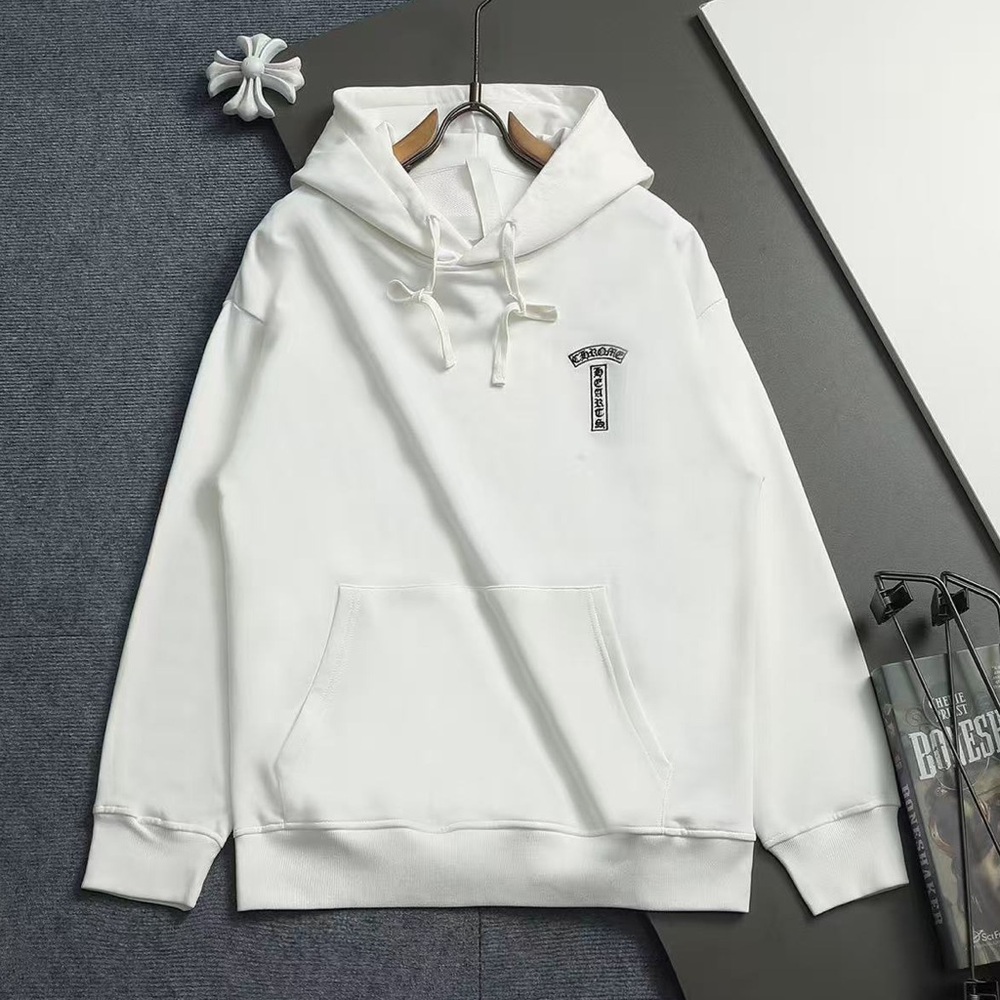 Chrome Hearts White Hoodie Vertical Scroll Logo Front Print